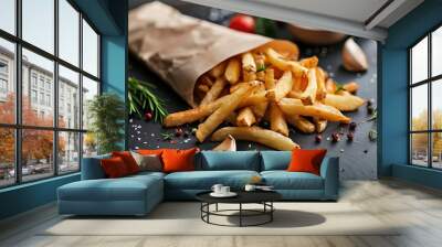 Freshly fried french fries with rosemary, garlic, and peppercorns on a black slate Wall mural