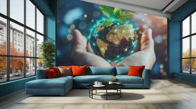 Hand Holding a Globe with a Growing Plant: Symbol of Environmental Awareness and Sustainability Wall mural