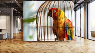 A colorful bird sits gracefully within a beautifully designed cage, highlighting its vivid plumage. The accessory adds a pleasing aesthetic to the indoor space Wall mural