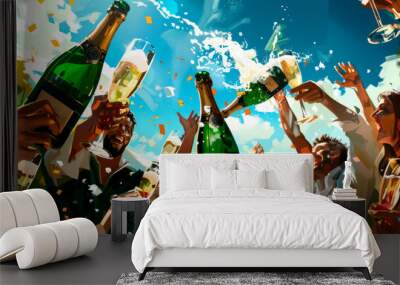 A group of happy people is celebrating with a glass bottle of champagne, tossing confetti into the sky. Their joyful gestures and laughter fill the world with fun and leisure Wall mural