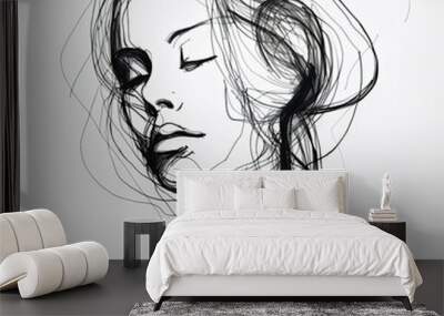 A sketch of a woman with her eyes closed and her eyes closed. Portrait of a girl, sketch, monochrome illustration. Generative AI Wall mural