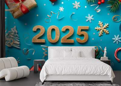 A vibrant display of holiday-themed decorations showcases the year 2025, surrounded by colorful gifts, festive ornaments, and seasonal greenery, evoking a joyful celebration Wall mural