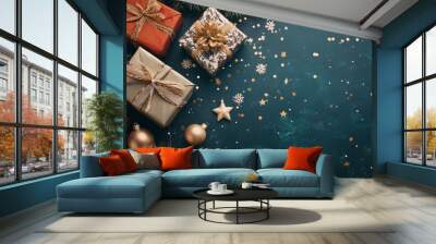 A vibrant new year backdrop showcases an arrangement of beautifully wrapped presents, sparkling decorations, and festive ornaments, perfect for celebrating the season Wall mural