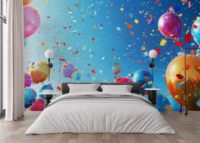 Brightly colored balloons and confetti floating in a blue sky Wall mural