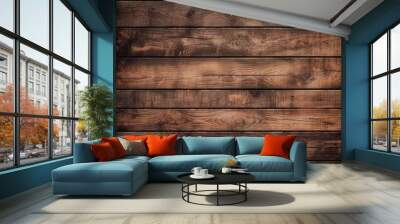 Brown background with natural wood texture. Horizontal wood panel with a dark pattern ideally shaped for interior decoration, wallpaper decoration, photo zone, covering. Generative AI Wall mural