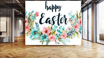 Easter lettering with colorful eggs, branches and flowers. Easter banner with text Easter. Greeting card on light blue background. A vibrant image showcasing a mix of beautifully illustrated flowers. Wall mural