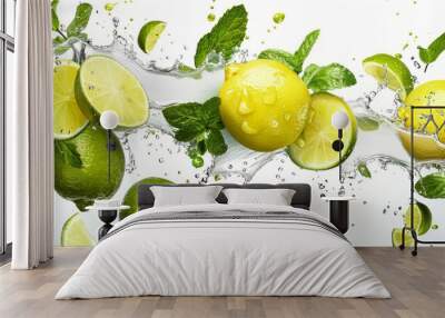 Fresh lime and lemon slices with water splash, green mint leaves on white background Wall mural