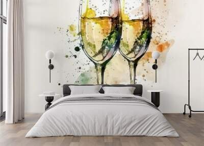 Grunge von two glasses of sparkling wine. Splashes on a white background. AI generated Wall mural