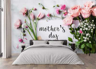 Mother's Day Greeting Card with Flowers and Greeting Card. Mother's Day card with pink flowers and gift certificate on white background. Wall mural