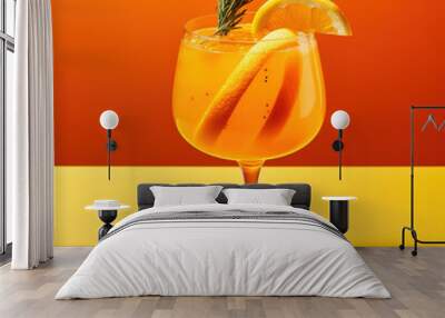 Orange cocktail. Cocktail with orange and rosemary on orange and yellow background. Concept of fresh delicious summer citrus cocktail. Wall mural