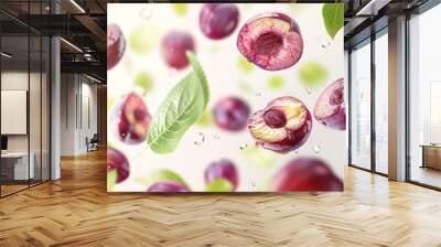 Ripe plum slices float gracefully in the air, surrounded by vibrant green leaves and sparkling droplets of water, showcasing freshness and vitality Wall mural