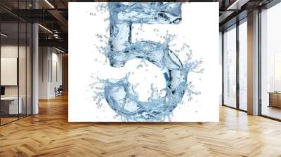 Spectacular number five and splash of clear water. Digital close-up on white background in water spray. Blue water splash alphabet isolated on white. Water splash text, letter 5. Transparent blue wave Wall mural