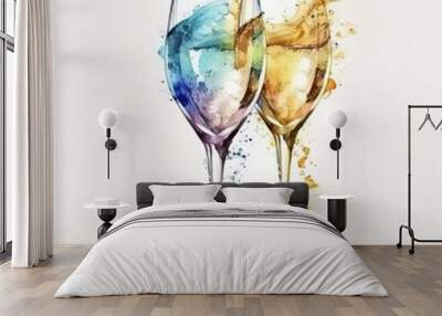 Watercolor, wine glasses with drinks on a white background. Modern design. AI generated Wall mural