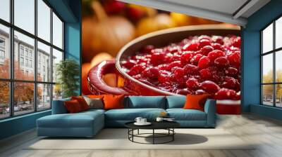 Homemade cranberry sauce in a red pot with blurred Thanksgiving decorations in the background. Close-up of traditional holiday side dish. Thanksgiving meal and seasonal food concept. Wall mural