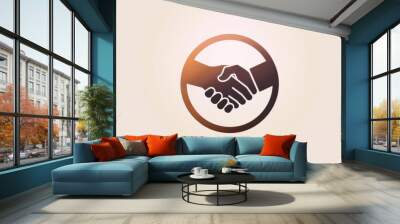 Logo with silhouettes of two hands shaking in a minimalist design. Two hands shaking inside a circular frame on a beige background. Cooperation and partnership concept for design and print. Wall mural