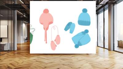 Set children winter accessory. Knitted kids warm headwear, autumn and winter accessories isolated on white background icons set. Winter hat, scarf and mittens, childish accessory Wall mural