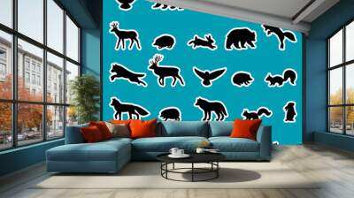 Forest animals. Silhouettes, stickers. Black outline of wild woodland animals. Bear, deer, wolf, fox, owl, hedgehog, squirrel, hare Wall mural