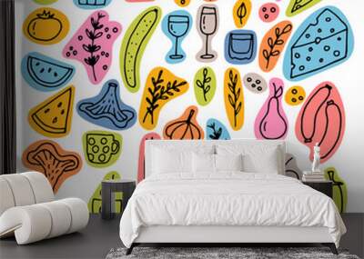 Hand drawn set of different food and drinks. Doodle style. Healthy food ingredients Wall mural