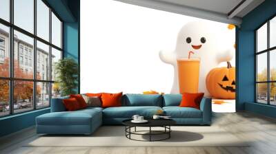 Smiling cute ghost holding pumpkin spice drink next to carved pumpkin on white background. 3D render illustration with copy space. Halloween celebration concept for banner, poster, greeting card. Wall mural