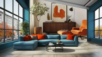 Stylish Modern Living Room with Orange Accents and Natural Light Wall mural