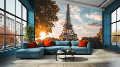 Sunset View of the Eiffel Tower in Paris Wall mural