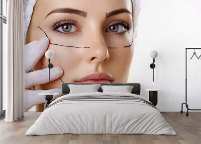 The photo features a woman in a beautician's consultation room, her face marked with fine lines to indicate areas targeted for treatment Wall mural