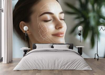 The photo features a woman in a beautician's consultation room, her face marked with fine lines to indicate areas targeted for treatment Wall mural