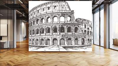 Colosseum. Ruins of the Flavian Amphitheatre. Engraving style. Wall mural