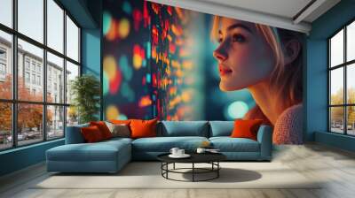 Woman analyzing data on screen with financial charts. Focused expression with digital display in background. Technology and data analysis concept. Wall mural