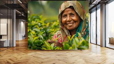 Woman collecting leaves at tea plantation. Tea plantation Munnar. Wall mural