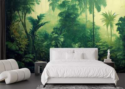 3d wallpapaper. Tropical forest, wild jungle. Closeup nature view of green leaf and palms background. Flat lay, dark nature concept, tropical leaf Wall mural