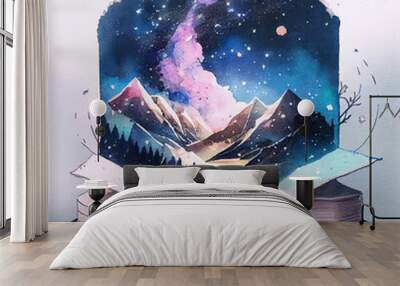 Concept of an open magic book open pages space, milky way, mountains. Fantasy, nature or learning concept, with copy space Wall mural