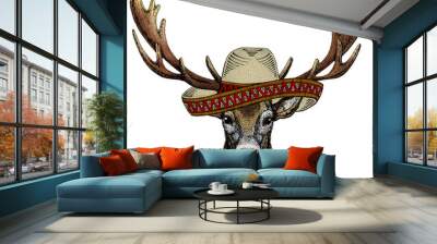 Deer portrait. Sombrero mexican hat. Head of wild animal. Wall mural