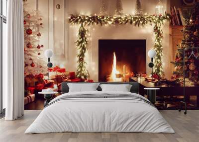 Living room home interior with christmas tree and fireplace Wall mural