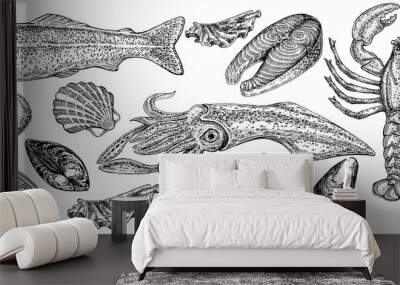 Seafood illustrations. Hand drawn line sea fishes, sushi rolls, oysters, mussels, lobster, squid, octopus, crabs, prawns Wall mural