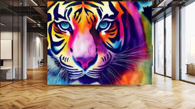 Tiger. Asian animal. Print for clothing. Neon, colorful illustration of wild cat. Wall mural