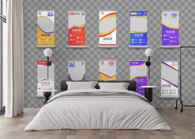 	
Business Roll up banner vertical template design, for brochure, business, flyer, infographics. Roll up banner stand design with abstract geometric colorful speech bubble. Vector illustration. Wall mural