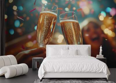 Cheers with sparkling champagne glasses surrounded by colorful confetti, celebrating a joyous occasion in a festive atmosphere Wall mural