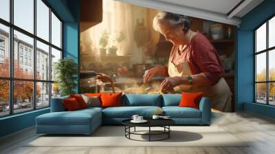 Culinary Tradition. A Skilled Nonna (Grandmother) Prepares Delicious Food in a Farmhouse Kitchen for Family. Heartwarming Meal Wall mural