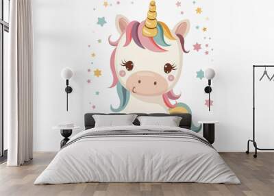 Dibujo de unicornio infantil sentado con cuerno dorado y rodeado de estrellas de colores sobre fondo transparente blanco Wall mural