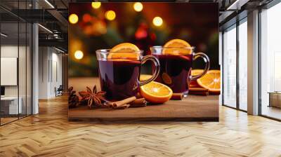 dos tazas,  de vino caliente de navidad sobre mesa decorada con naranja, anís y  canela, con fondo desenfocado de decoración navideña Wall mural