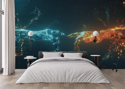 Fondo con representacion de la Inteligencia Artificial con dos brazos con sus manos creados digitalmente con conexiones de redes internet, en colores azules y naranja, tocándose por el dedo indice Wall mural