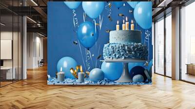 tarta y globos en tonos azulados fondo con bokeh azul, con velas de cumpleaños encendidas, sobre fondo azul Wall mural