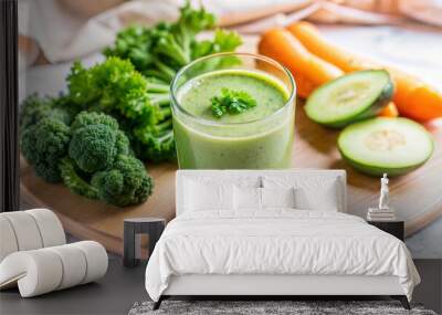 Green vegetable smoothie with cilantro on wooden tray surrounded by fresh veggies and copy space Wall mural