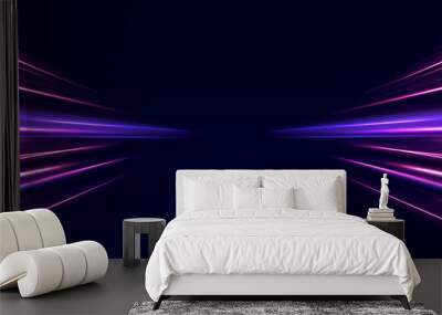 Image of speed motion on the road. Abstract background in blue and purple neon glow colors. Speed of light in galaxy. Panoramic high speed technology concept, light abstract background. Vector. Wall mural