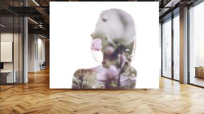 Double exposure portrait of thoughtful woman with flowers Wall mural