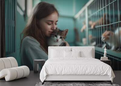 Young woman with a joyful expression holding a rescued cat in an animal shelter Wall mural