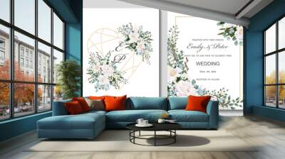 Wedding invitation with flowers Peony and Roses, watercolor, isolated on white. Vector Watercolour. Wall mural