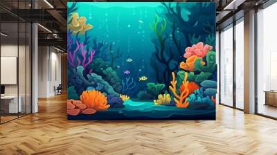 Coral reef and seaweed marine seascape. Deep blue ocean undersea flora. Cartoon style digital illustration Wall mural