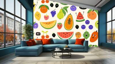 Seampless pattern fruit and berries characters emotion face in Cartoon style. Hand drawn Summer funny cute child food repeating print. Walpaper Vector illustration Wall mural